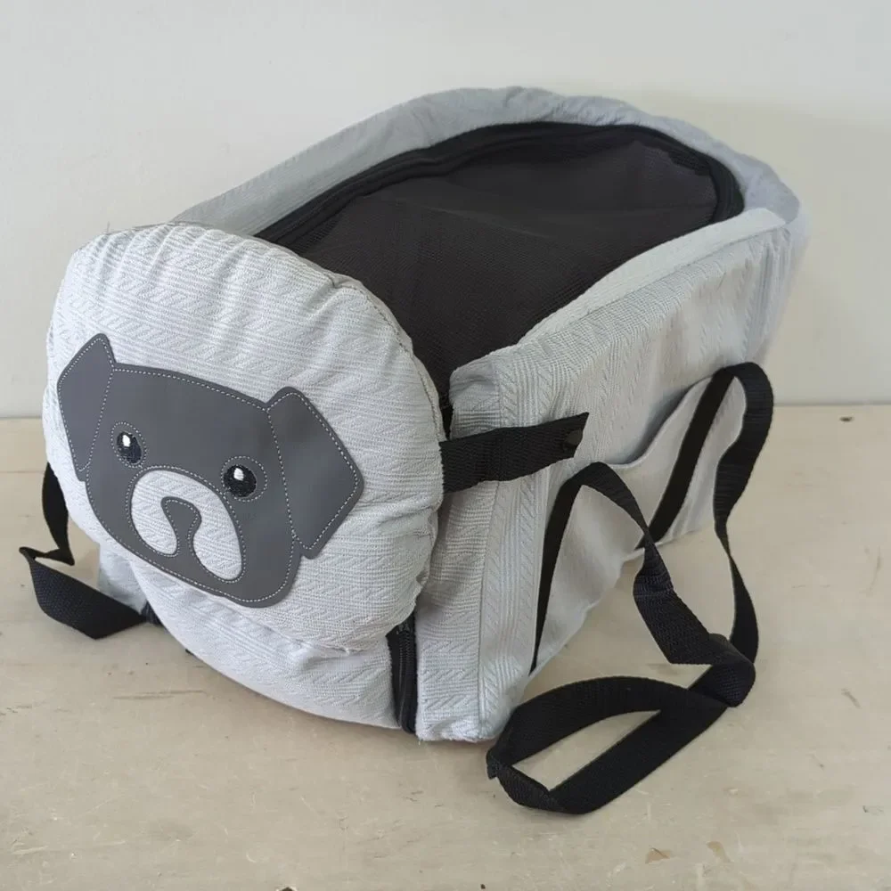Gray Dog Carrier Car Seat with Cute Face Design